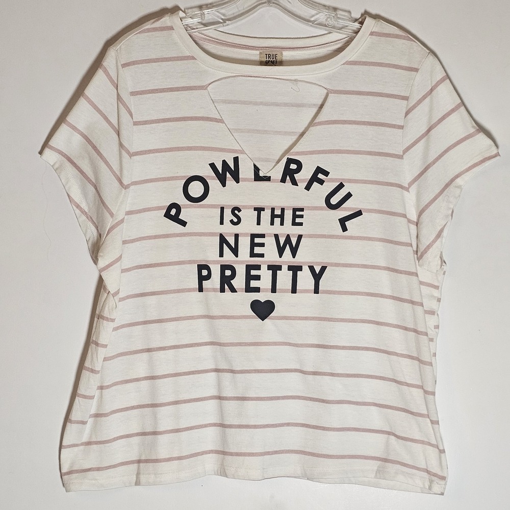 True Craft Shirt‎ Womens 1X White Pink Striped Powerful Is The New Pretty Comfy